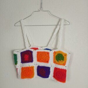 Crocheted Granny Crop Top XS Handmade Color Quilt Blocks